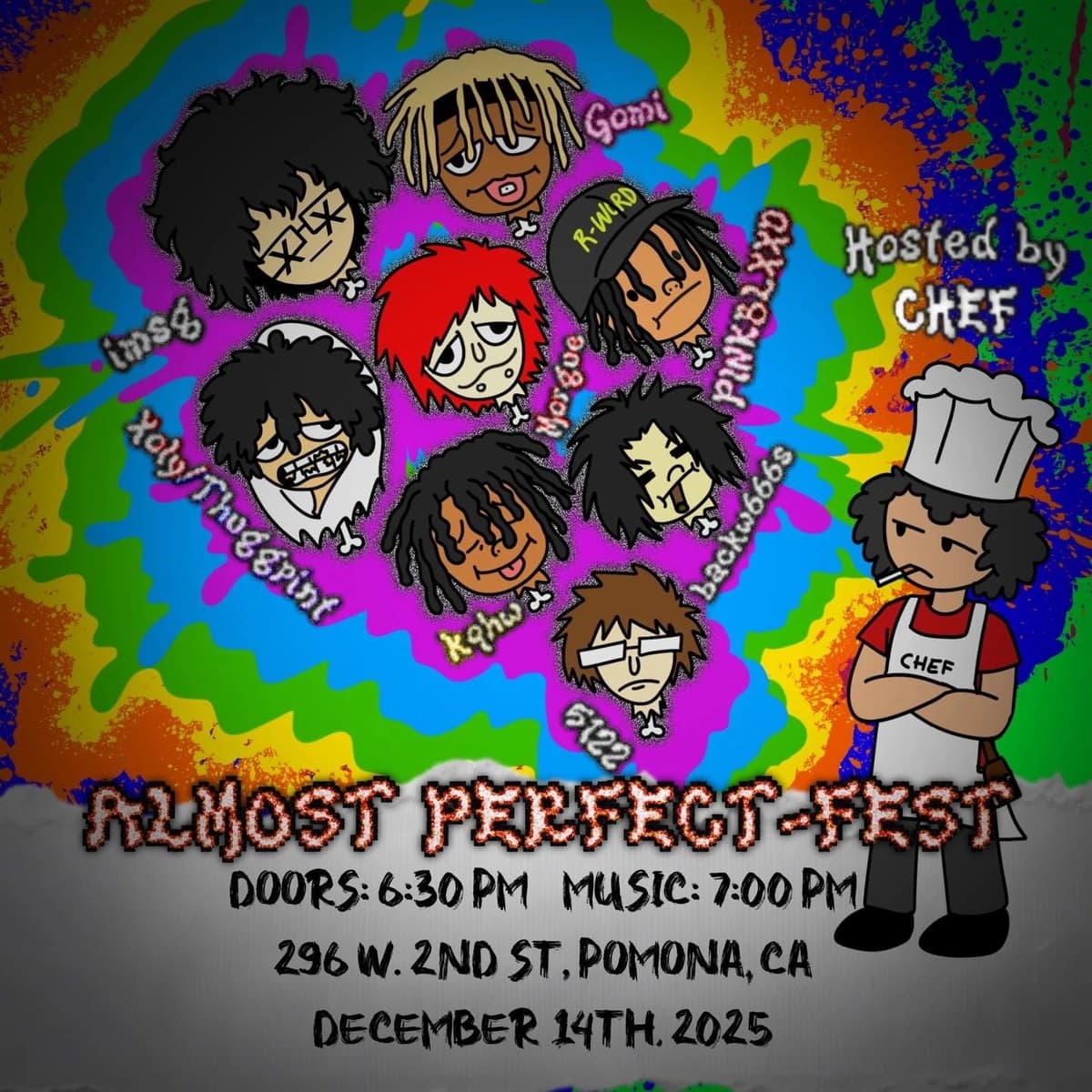 flyer for Almost Perfect-Fest, December 14th 2025, The Haven, Pomona. drawn by pinkblxxd