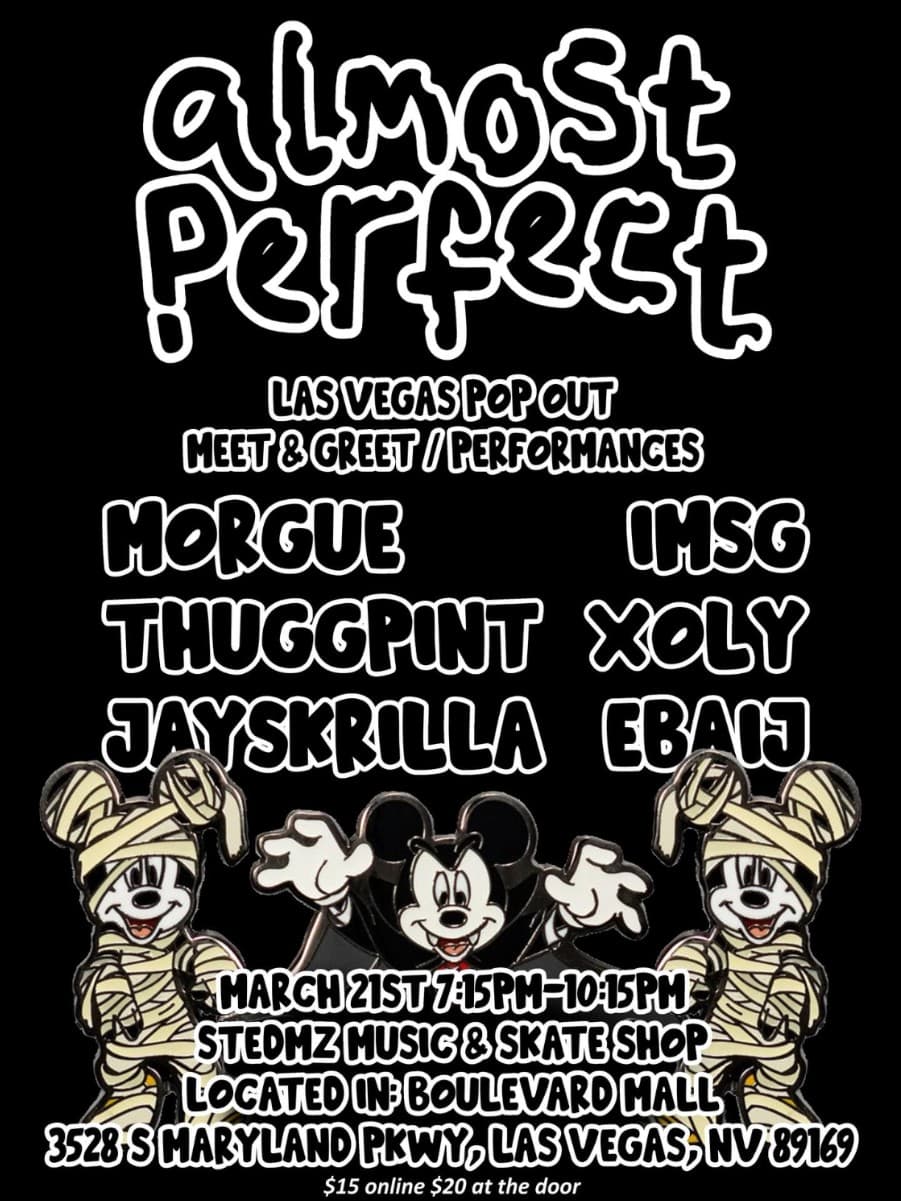 flyer for Las Vegas Pop Out, March 21st 2026, Stedmz Music & Skate Shop, Las Vegas. drawn by alphie afterlife